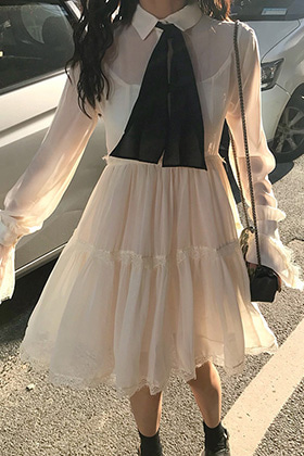 소공녀 공주 블랙 리본 레이스 프릴 쉬폰 셔츠 원피스 (살구베이지)