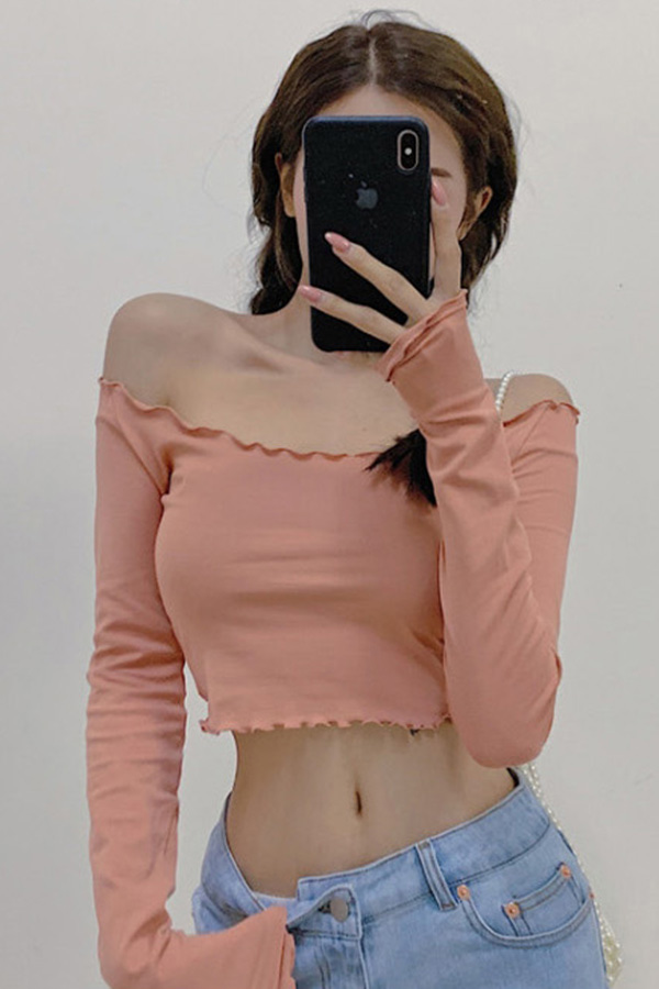 글램 섹시 오프숄더 타이트 긴팔 크롭 티셔츠 (핑크.블루)
