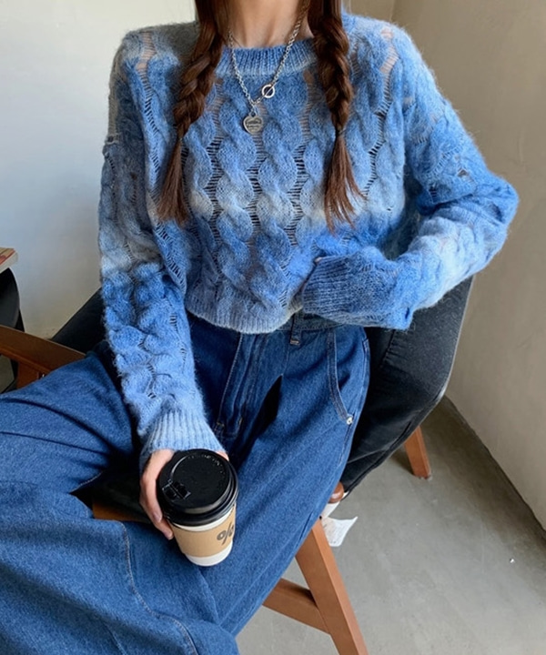 나염 그라데이션 꽈배기 니트 스웨터 (블루) #시스루