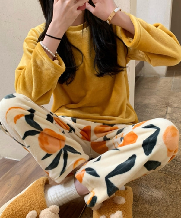 오렌지 수면잠옷 티셔츠 &amp; 밴딩 팬츠 파자마 세트 (딥옐로우+살구색)