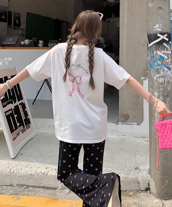 무료배송 핑크리본 레터링 오버핏 반팔 티셔츠 (화이트)
