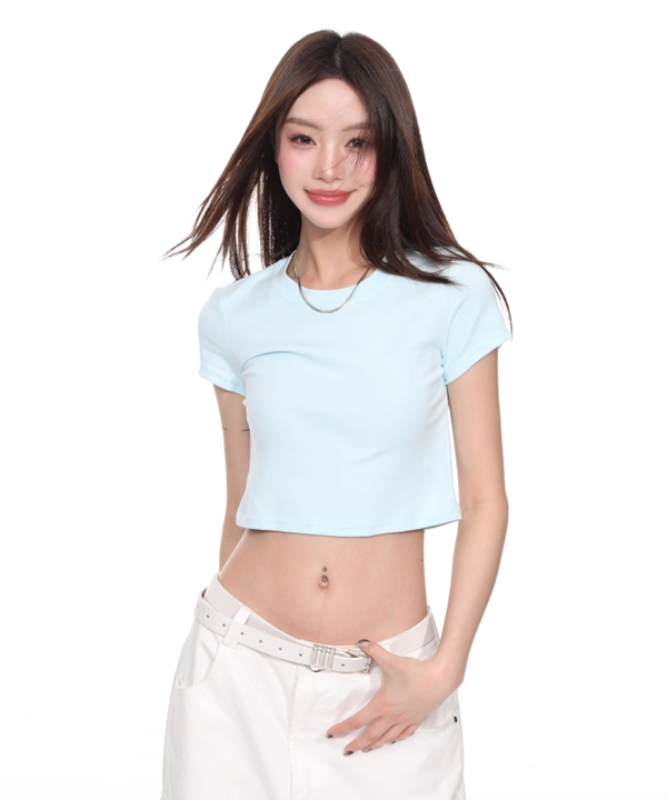 무료배송 아쿠아 슬림 반팔 크롭 티셔츠 (블루)